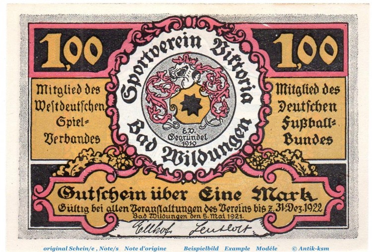 Notgeld Victoria Bad Wildungen 1428.1.a , 1 Mark Nr 4 , Weißer Rand in kfr. von 1921 , Hessen Seriennotgeld