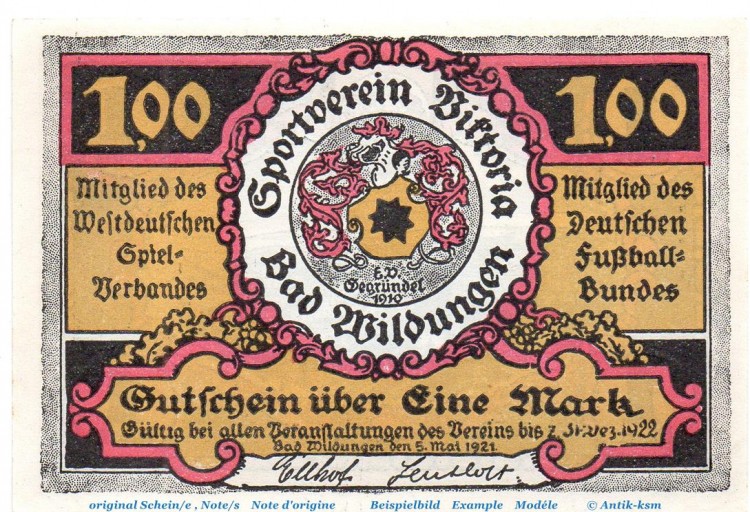 Notgeld Victoria Bad Wildungen 1428.1.a , 1 Mark Nr 5 , Weißer Rand in kfr. von 1921 , Hessen Seriennotgeld