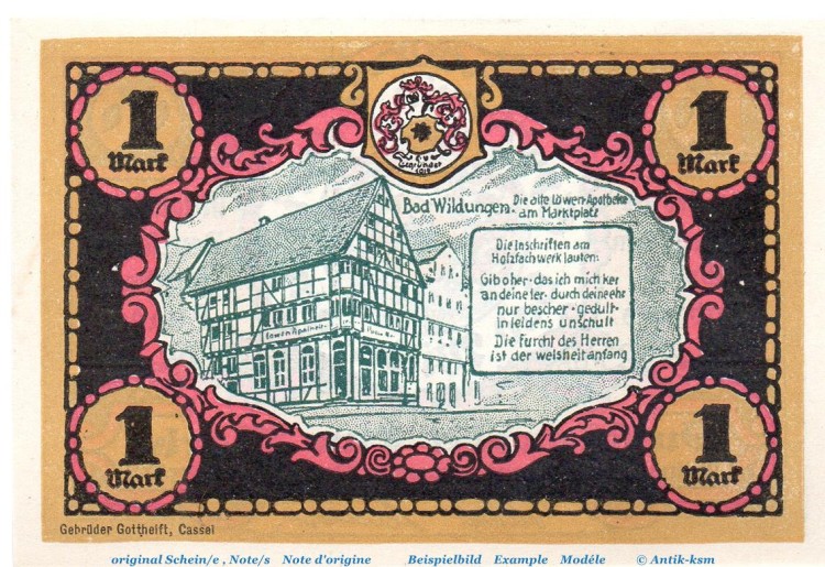 Notgeld Victoria Bad Wildungen 1428.1.a , 1 Mark Schein Nr 6 , Weißer Rand in kfr. von 1921 , Hessen Seriennotgeld