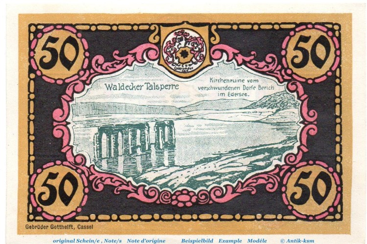 Notgeld Victoria Bad Wildungen 1428.1.a , 50 Pfennig Nr 2 , Weißer Rand in kfr. von 1921 , Hessen Seriennotgeld