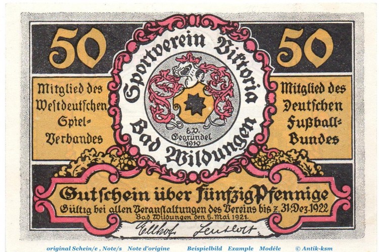 Notgeld Victoria Bad Wildungen 1428.1.a , 50 Pfennig Nr 2 , Weißer Rand in kfr. von 1921 , Hessen Seriennotgeld