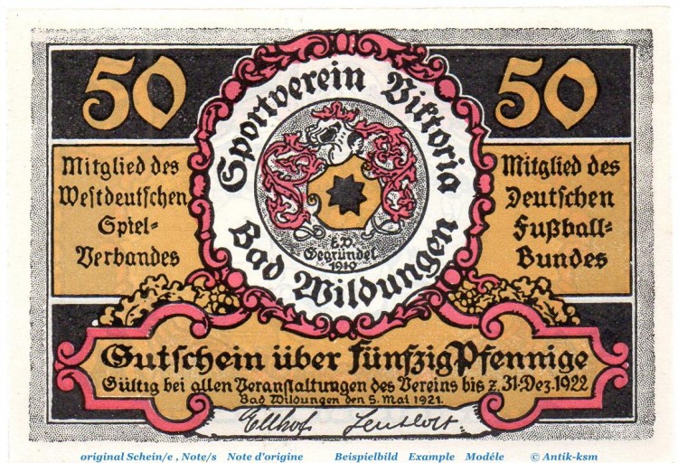 Notgeld Victoria Bad Wildungen 1428.1.a , 50 Pfennig Nr 5 , Weißer Rand in kfr. von 1921 , Hessen Seriennotgeld