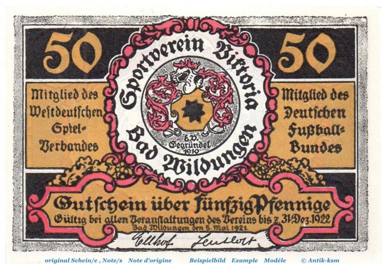 Notgeld Victoria Bad Wildungen 1428.1.a , 50 Pfennig Nr 6 , Weißer Rand in kfr. von 1921 , Hessen Seriennotgeld