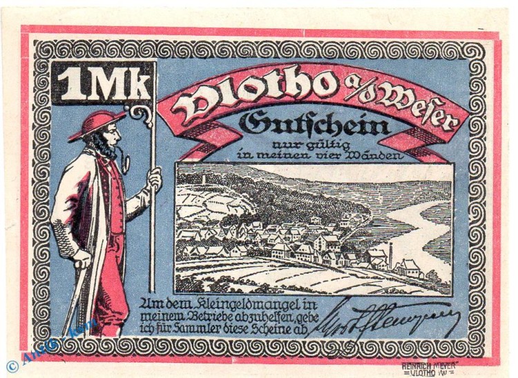 Notgeld Vlotho , E. Steinpass , 1 Mark Schein in kfr. Mehl Grabowski 1367.2 , Westfalen Seriennotgeld