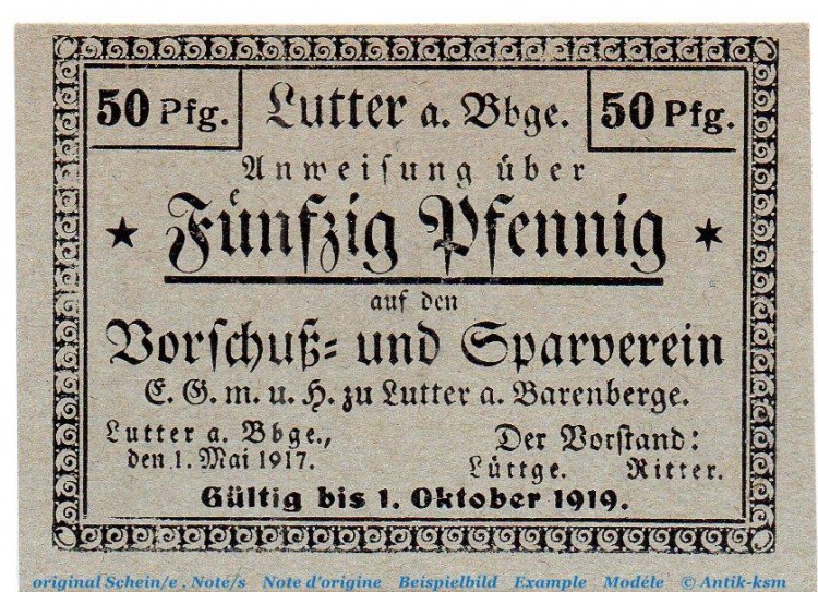 Notgeld Vorschußverein Lutter 4315.05.03 , 50 Pfennig Schein in kfr. von 1917 , Braunschweig Verkehrsausgabe