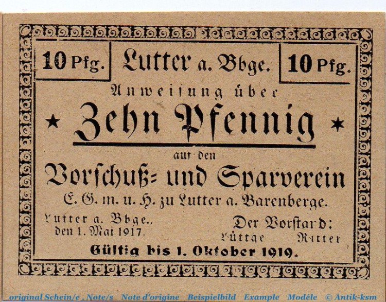 Notgeld Vorschußverein Lutter 4315.05.10 , 10 Pfennig braungrau in kfr. von 1917 , Braunschweig Verkehrsausgabe