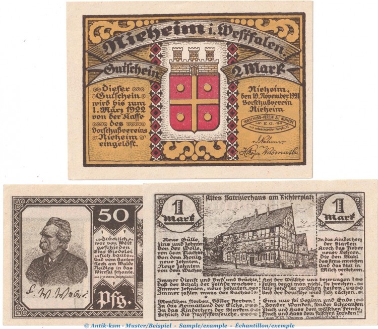 Notgeld Vorschußverein Nieheim 972.1 , Set mit 3 Scheinen in kfr. von 1921 , Westfalen Seriennotgeld