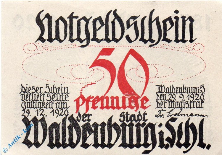 Notgeld Waldenburg , 50 Pfennig Schein , Mehl Grabowski 1371.5 b , von 1920 , Schlesien Serien Notgeld