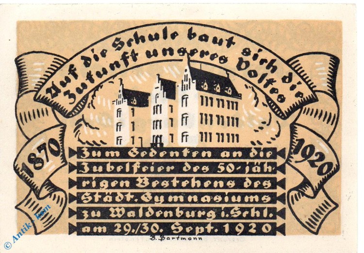 Notgeld Waldenburg , 50 Pfennig Schein , Mehl Grabowski 1371.8 a,b , von 1920 , Schlesien Seriennotgeld