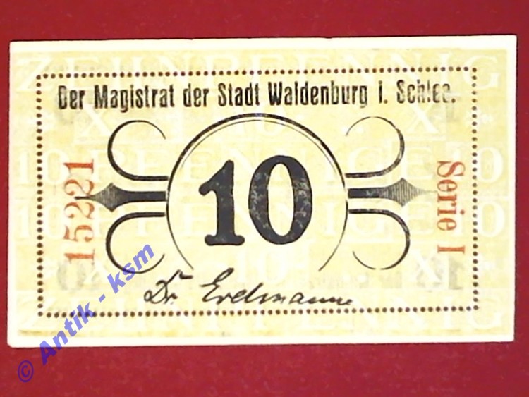 Notgeld Waldenburg , Schlesien , vollständiger Satz mit 1 Schein 10 Pfennig  , Verkehrsausgabe , Grabowski W3.4 a
