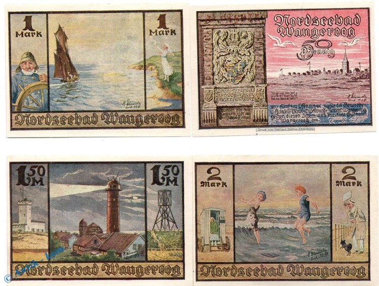 Notgeld Wangeroog , Handelsbank , Set mit 4 Scheinen in kfr. Mehl Grabowski 1375.1 , Niedersachsen SeriennotgeldNotgeld Wangeroog , Handelsbank , Set mit 4 Scheinen in kfr. Mehl Grabowski 1375.1 , Niedersachsen Seriennotgeld