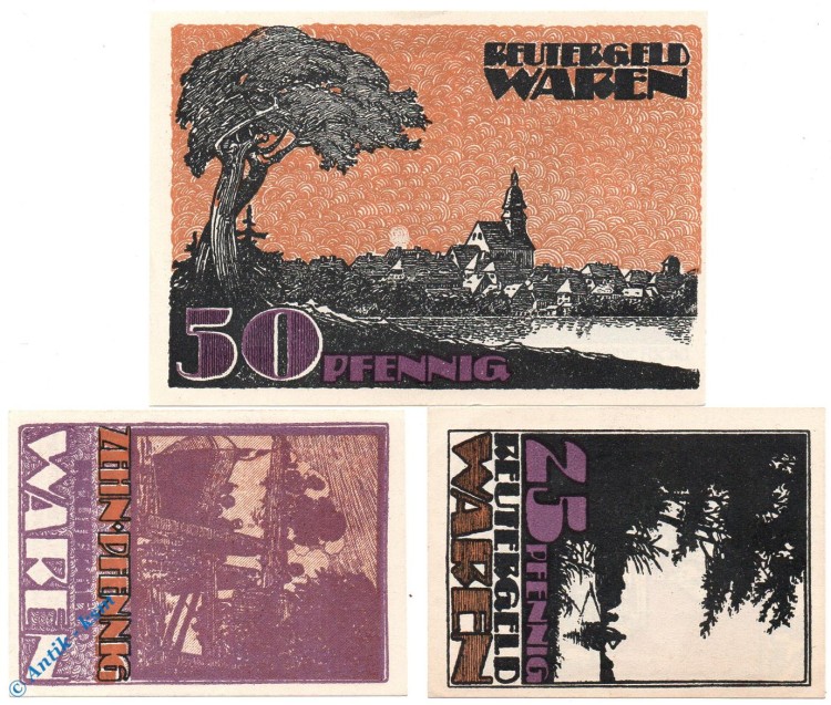 Notgeld Waren , Reutergeld , Set mit 3 Scheinen , Mehl Grabowski 1377.1 , Mecklenburg Vorpommern Serien Notgeld