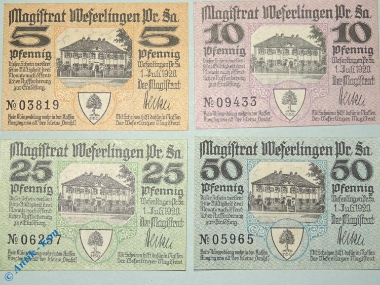 Notgeld Weferlingen , Set mit 4 Scheinen , Tieste 7745.05.01 bis 04 , von 1920 , Sachsen Verkehrsausgabe