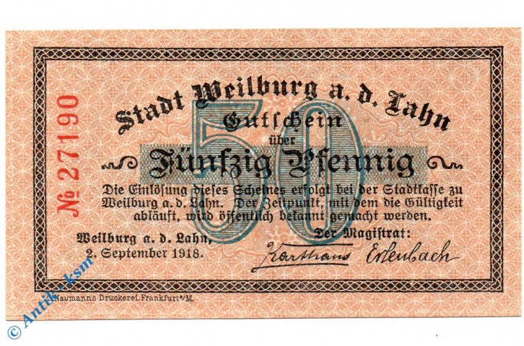 Notgeld Weilburg , 50 Pfennig Schein , Tieste 7770.05.05 , von 1918 , Hessen Verkehrsausgabe