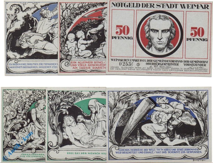 Notgeld Weimar , Goethe und Schiller , Set mit 6 Scheinen , Mehl Grabowski 1398.4 a , von 1921 , Thüringen Seriennotgeld