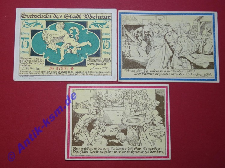 Notgeld Weimar , Stadt , Thüringen , vollständiger Satz mit 3 Scheinen , Seriennotgeld , 1398.7 , von 1921