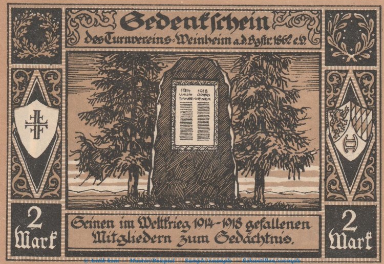 Notgeld Weinheim , 2 Mark Schein Nr 2 , Wachenburg , Mehl Grabowski 1402.1 , Baden Wüttemberg Seriennotgeld