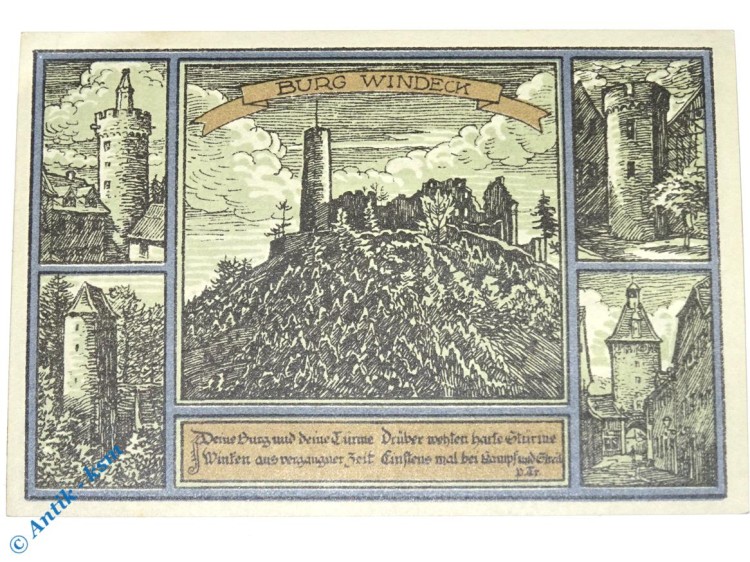 Notgeld Weinheim , 2 Mark Schein Nr 3 , Burg Windeck , Mehl Grabowski 1402.1 , Baden Wüttemberg Seriennotgeld
