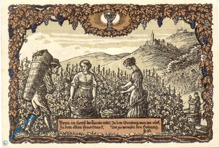 Notgeld Weinheim , 2 Mark Schein Nr 5 , Weinlese , Mehl Grabowski 1402.1 , Baden Wüttemberg Seriennotgeld