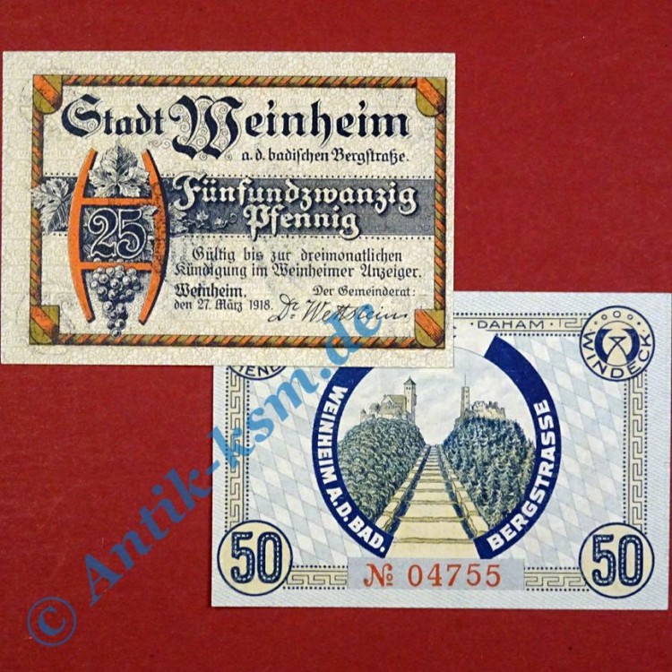 Notgeld Weinheim , Satz mit 2 Scheinen , Tieste 7780.01 und 02 , von 1918 , Baden Verkehrsausgabe