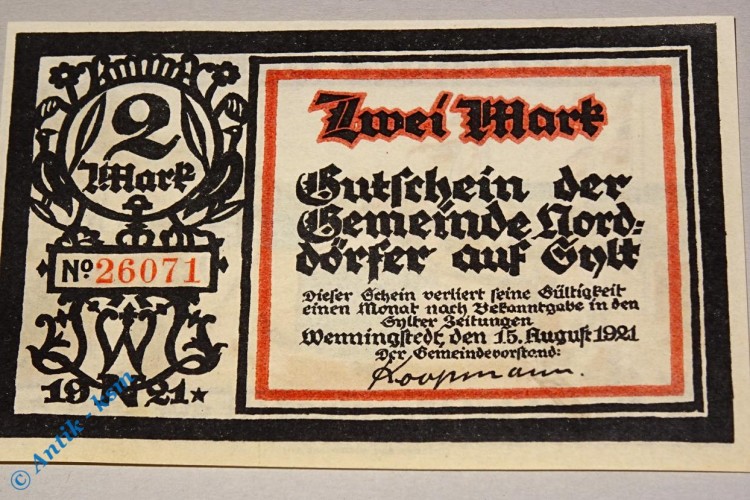 Notgeld Wenningstedt , 2 Mark Schein , Mehl Grabowski 1405.1 , von 1921 , Schleswig Holstein Seriennotgeld