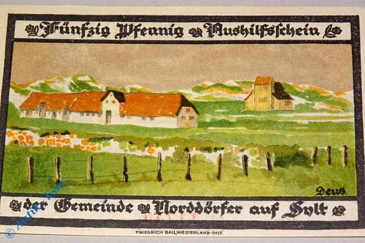 Notgeld Wenningstedt , 50 Pfennig Schein , Mehl Grabowski 1405.1 , von 1921 , Schleswig Holstein Seriennotgeld