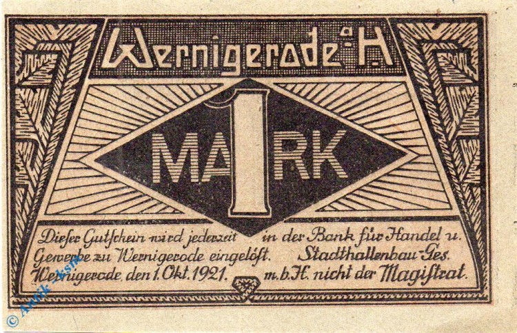Notgeld Wernigerode , Stadthallenbau , 1 Mark Schein , Mehl Grabowski 1408.1 , Sachsen Anhalt Seriennotgeld