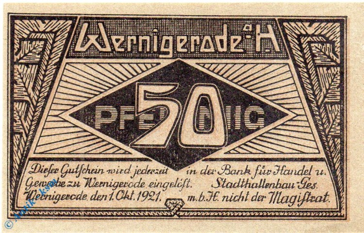 Notgeld Wernigerode , Stadthallenbau , 50 Pfennig Schein , Mehl Grabowski 1408.1 , Sachsen Anhalt Seriennotgeld