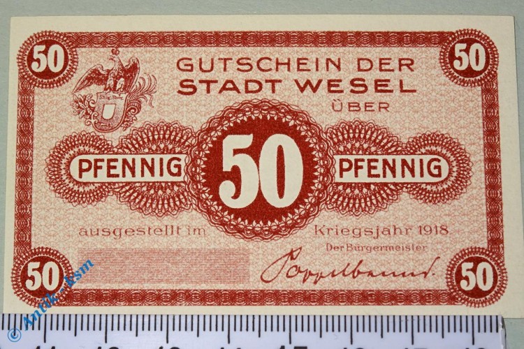 Notgeld Wesel , 50 Pfennig Musterschein Ohne Kennummer , Tieste 7840.05.06.M , von 1918 , Rheinland Verkehrsausgabe