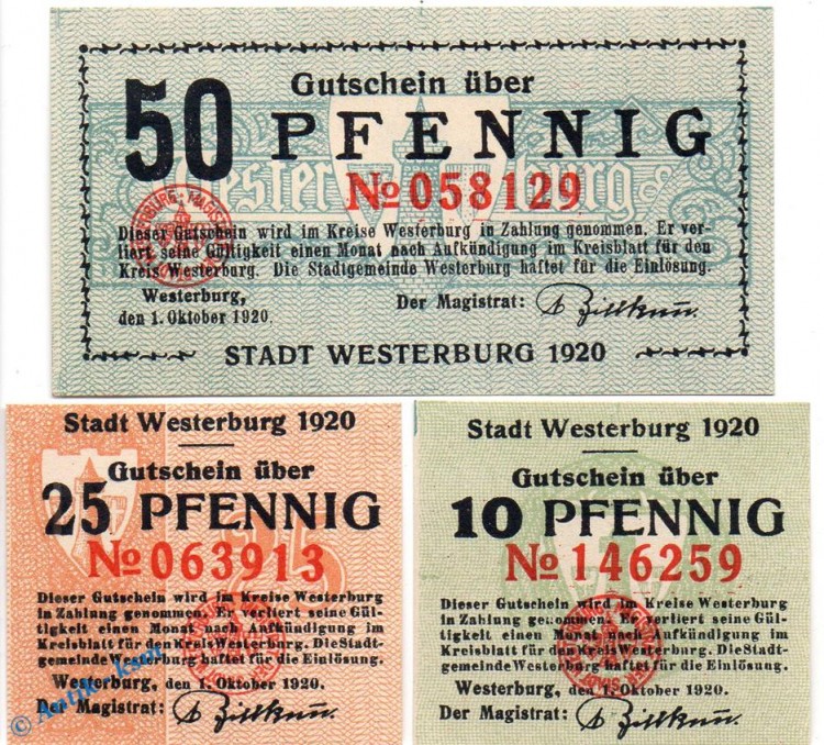 Notgeld Westerburg , Set mit 3 Scheinen in kfr. Tieste 7850.02.20-22 , von 1920 , Hessen Verkehrsausgabe