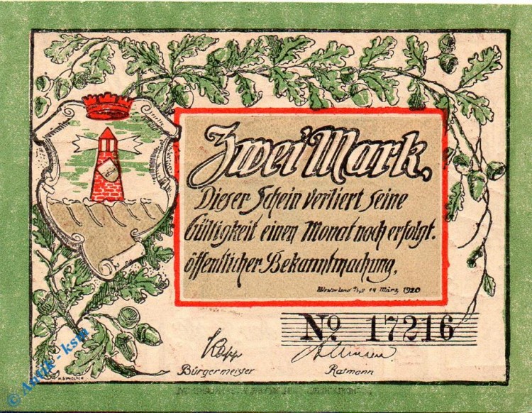 Notgeld Westerland , Sylt , 2 Mark Schein , Mehl Grabowski 1418.1 b , von 1920 , Schleswig Holstein Serien Notgeld
