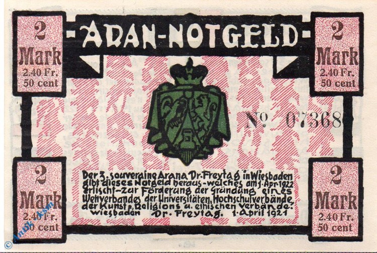 Notgeld Wiesbaden , Dr. Freytag , 2 Mark Schein , Mehl Grabowski 1425.1 , von 1921 , Hessen Seriennotgeld