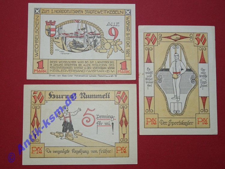 Notgeld Wismar , Stadt , Keglerverband Wismar e. v. , Mecklenburg Vorpommern , vollständiger Satz mit 3 Scheinen , Seriennotgeld , 1437.1 , von 1921