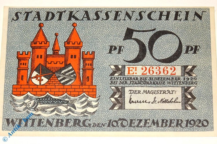 Notgeld Wittenberg , decret , Sachsen Anhalt , Einzelschein über 50 Pfennig E1 , Mehl Grabowski 1443.1 , von 1920 , Seriennotgeld
