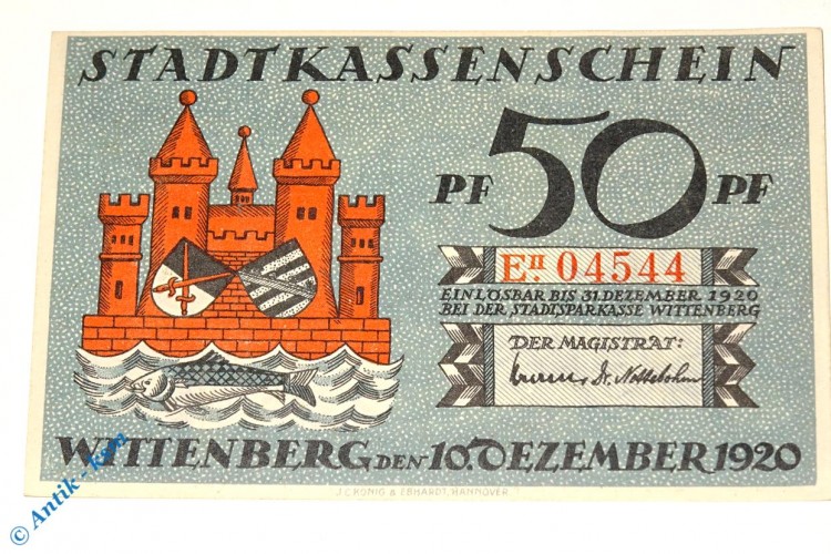 Notgeld Stadt Wittenberg 1443.2 , 50 Pfennig Schein E2 -dekret- in kfr von 1920 , Sachsen Anhalt Seriennotgeld