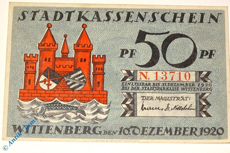 Notgeld Stadt Wittenberg 1443.2 , 50 Pfennig Schein N -dekret- in kfr von 1920 , Sachsen Anhalt Seriennotgeld