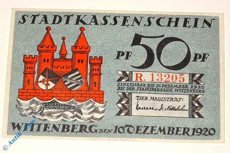 Notgeld Stadt Wittenberg 1443.2 , 50 Pfennig Schein R -dekret- in kfr von 1920 , Sachsen Anhalt Seriennotgeld