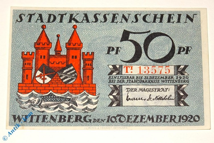 Notgeld Stadt Wittenberg 1443.2 , 50 Pfennig Schein T1 -dekret- in kfr von 1920 , Sachsen Anhalt Seriennotgeld