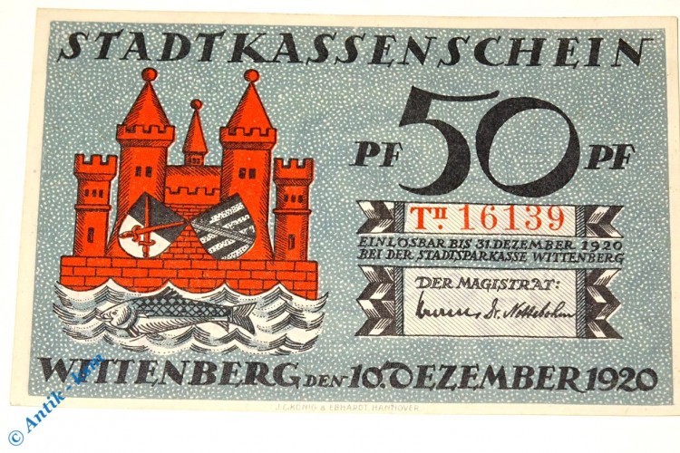 Notgeld Stadt Wittenberg 1443.2 , 50 Pfennig Schein T2 -dekret- in kfr von 1920 , Sachsen Anhalt Seriennotgeld