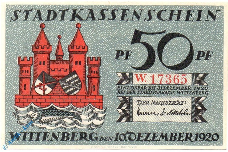 Notgeld Stadt Wittenberg 1443.2 , 50 Pfennig Schein W -dekret- in kfr von 1920 , Sachsen Anhalt Seriennotgeld