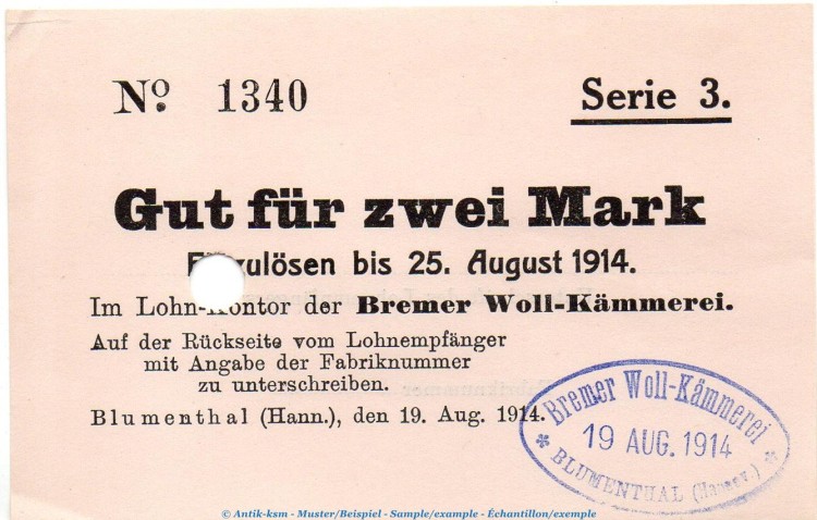 Notgeld Woll-Kämmerei Blumenthal , 2 Mark Schein in kfr.E , Dießner 35.5.b von 1914 , Niedersachsen Notgeld 1914-15