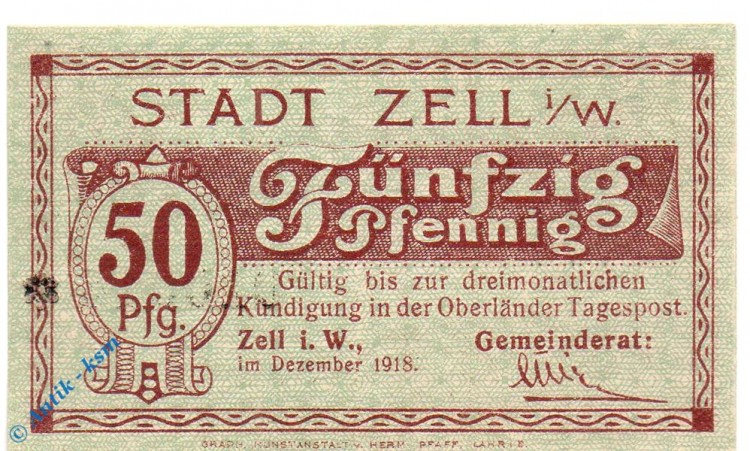Notgeld Zell , 50 Pfennig Schein , Tieste 8185.05.01 , von 1918 , Baden Verkehrsausgabe