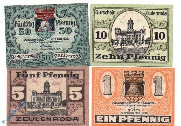 Notgeld Zeulenroda , Set mit 4 Scheinen , Tieste 8210.05.20 - 40 , von 1920 , Thüringen Verkehrsausgabe