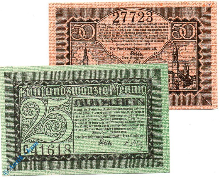 Notgeld Zittau , Set mit 2 Scheinen , Wz Tropfen , Tieste 8240.05.05 und 06 , von 1919 , Sachsen Verkehrsausgabe