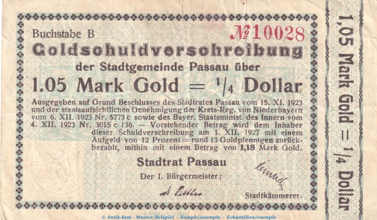 Notgel Stadt Passau, 1,05 Gold Mark Schein in gbr. Müller 3795.3 von 1923 , Bayern wertbeständiges Notgeld