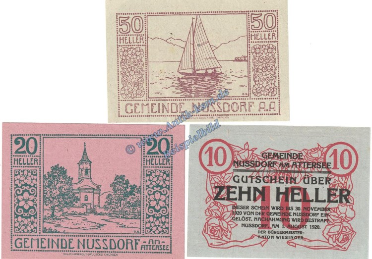 Nussdorf , Notgeld Set mit 3 Scheinen in kfr. K-K 677.a , Oberösterreich von 1920