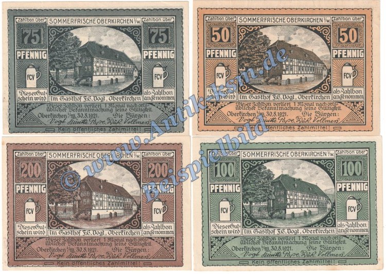 Oberkirchen , Notgeld Set --F.C.VOGT-- 4 Scheine in kfr. M-G 997.1 , Westfalen 1921 Seriennotgeld
