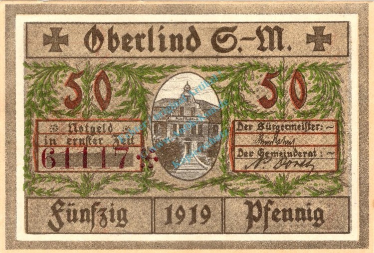 Notgeld Oberlind , Sachsen Meiningen , Einzelschein über 50 Pfennig , Verkehrsausgabe , Tieste 5265.20 , von 1919