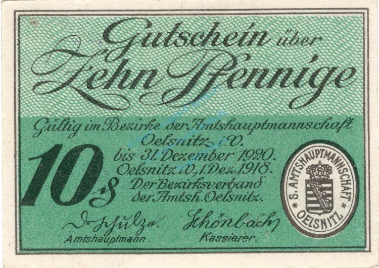 Oelsnitz , Notgeld 10 Pfennig Schein unc-kfr. Ti.5325.05.15 , Sachsen 1918 VerkehrsausgabeOelsnitz , Notgeld 10 Pfennig Schein unc-kfr. Ti.5325.05.15 , Sachsen 1918 Verkehrsausgabe