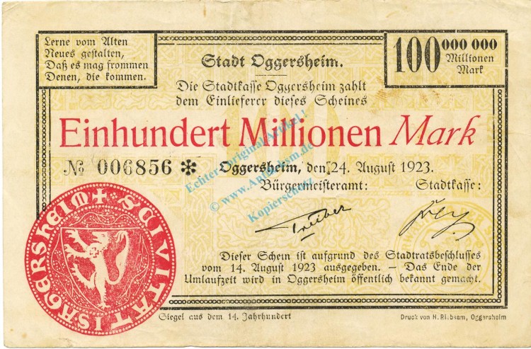 Oggersheim , Banknote 100 Millionen Mark Schein gbr. Keller 4142.e , Pfalz 1923 Inflation